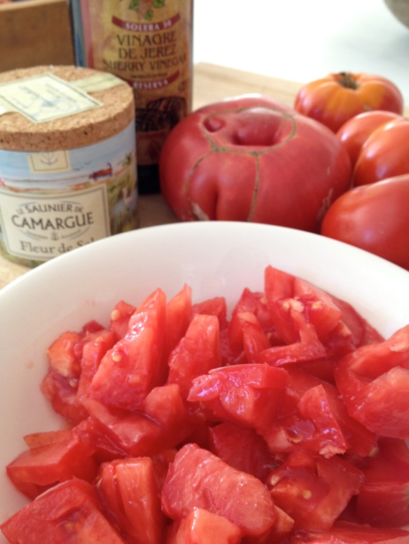 Summer beefsteak tomatoes are so juicy and flavorful, sometimes I’ll make “tomato soup” for lunch: beefsteak tomato, sprinkled with sea salt and drizzled with a little sherry vinegar. 